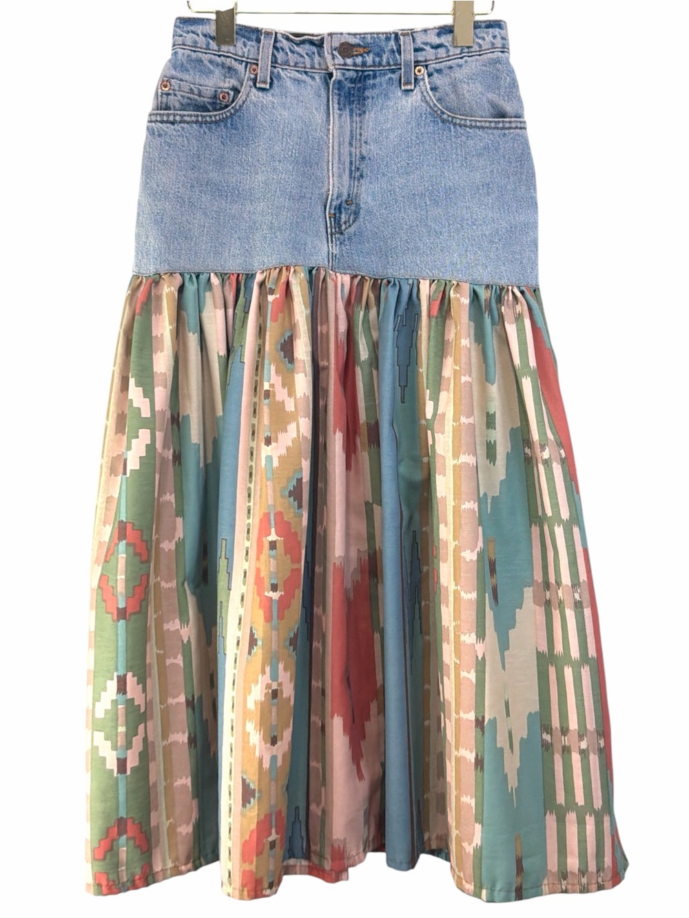 Levi’s Upcycled Denim & Southwestern Aztec Patchwork Maxi Skirt Size L